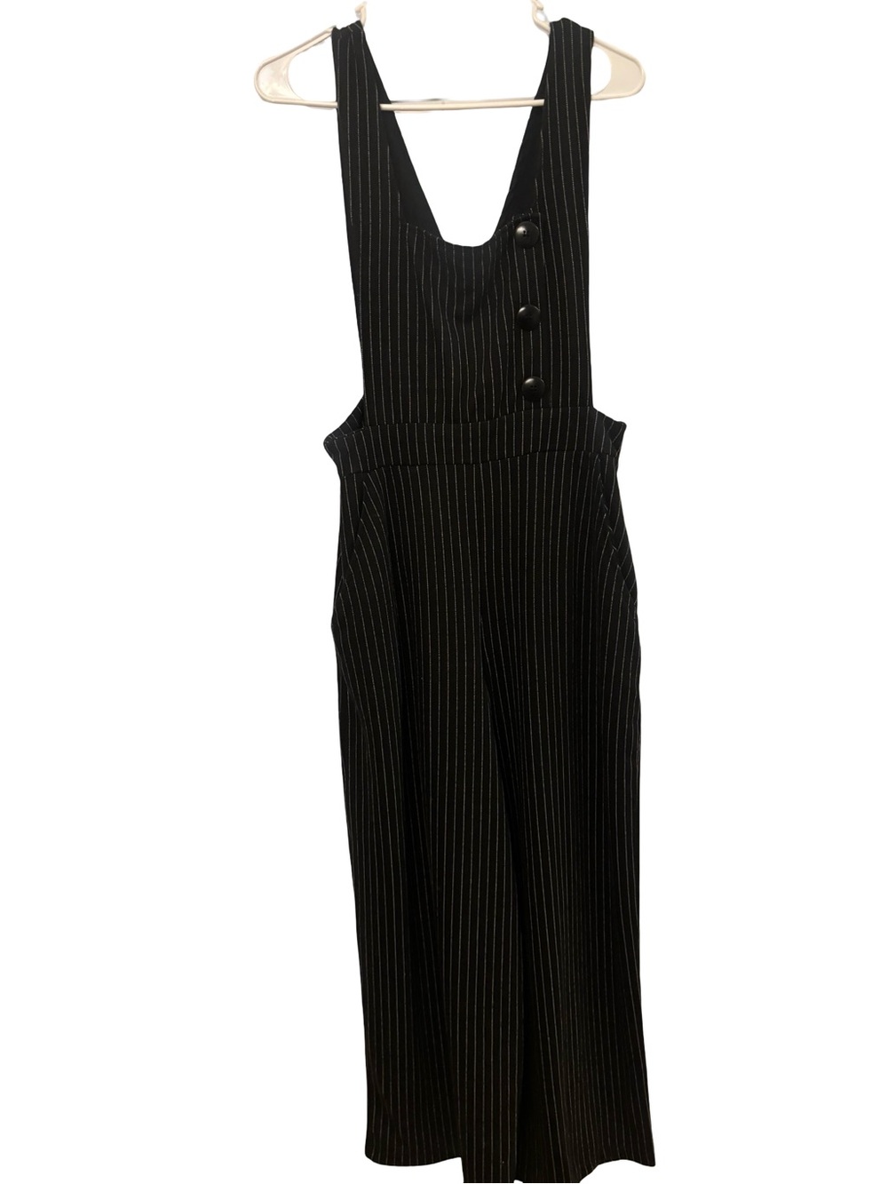 Black Pinstripe Wide-Leg Suspender Wide Leg Jumpsuit Size Large